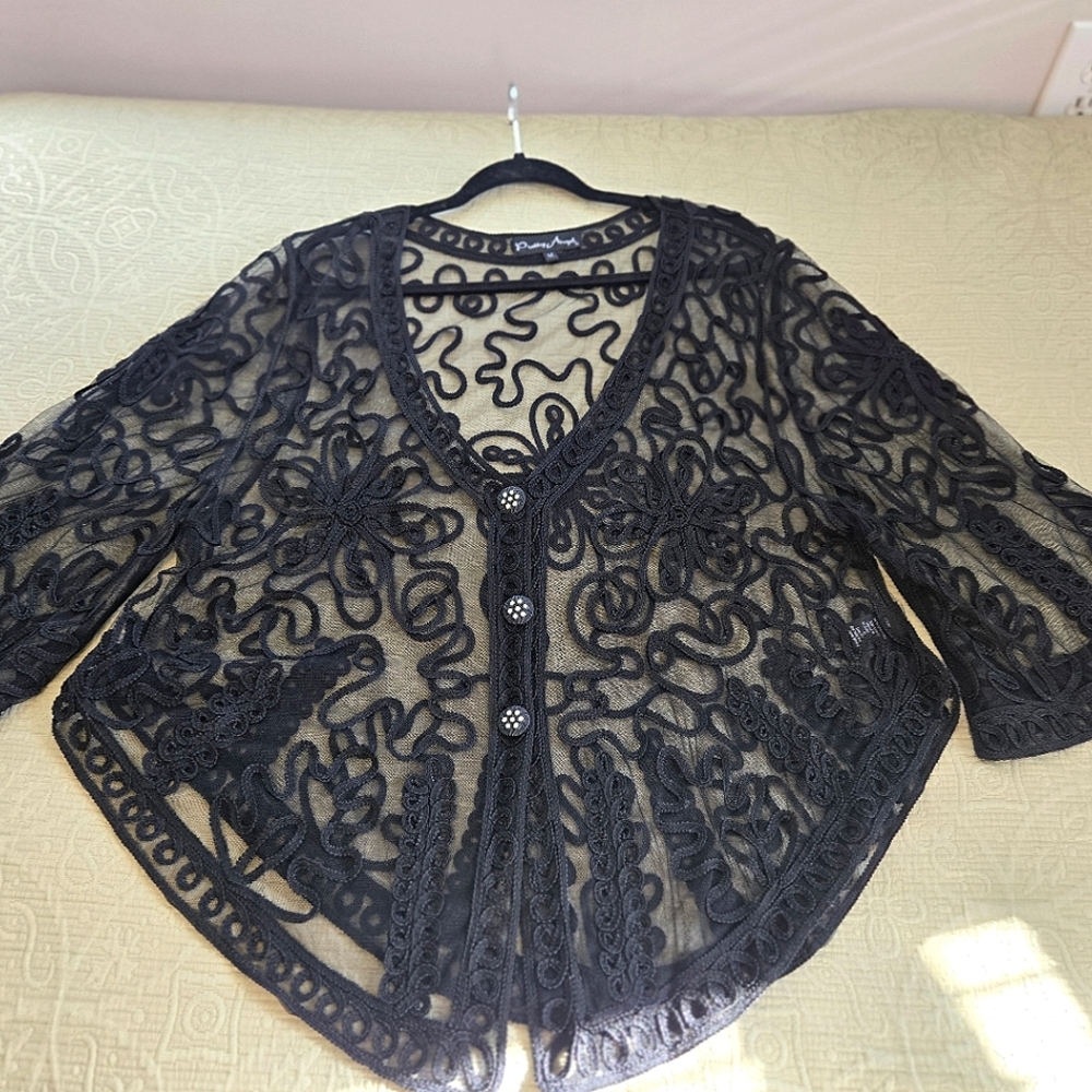 Pretty Angel Silk Blend Lacey Cardigan Coverlet Rhinestone Buttons sz M Elegant